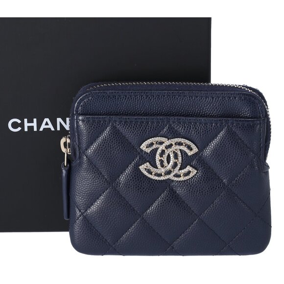 Chanel Caviar Quilted Crystal Zip Card Holder Wallet Navy - Picture 1 of 5